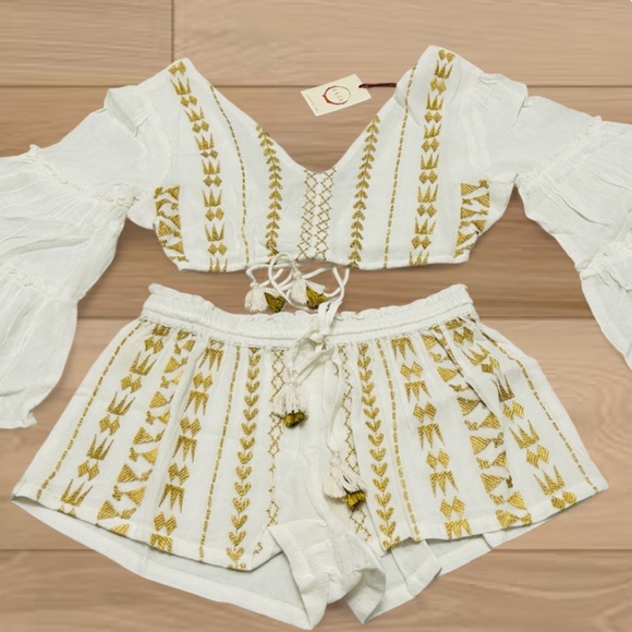 RAGA Other - 🌼 Boho Gold Foil Embroidered Crop Top & Shorts Set XS NWT